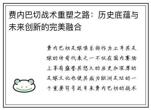 费内巴切战术重塑之路：历史底蕴与未来创新的完美融合